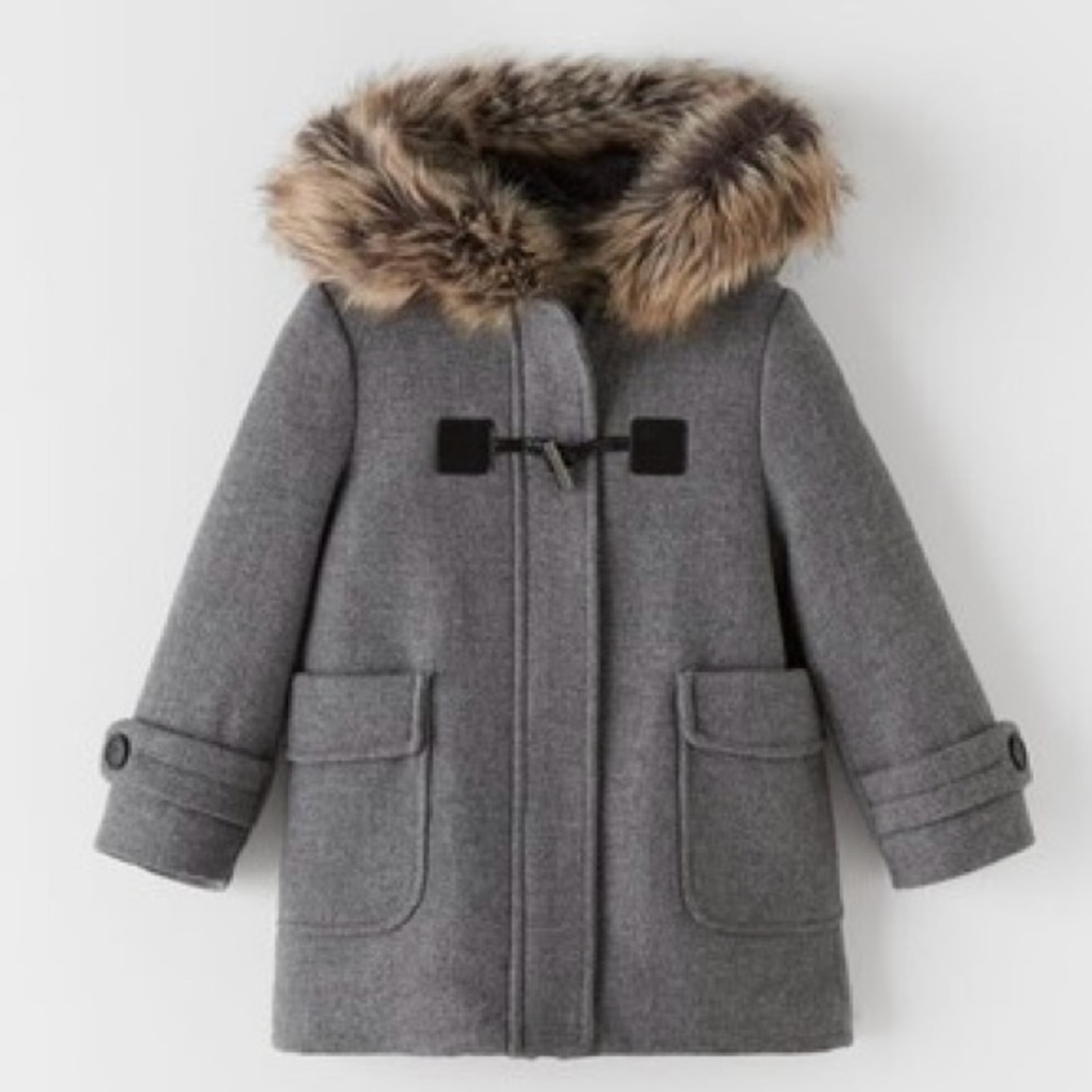 ZARA GIRL Kids Grey Faux Fur Winter Coat Toggle Hood